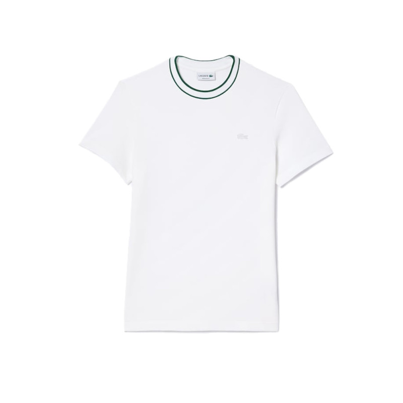 T-SHIRT LACOSTE BLANC EN PIQUÉ STRETCH À COL RAYÉ