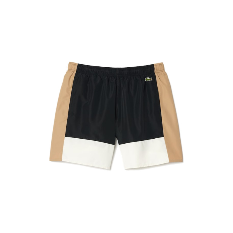 SHORT DE BAIN MI-LONG LACOSTE COLOR-BLOCK NOIR BEIGE ET BLANC