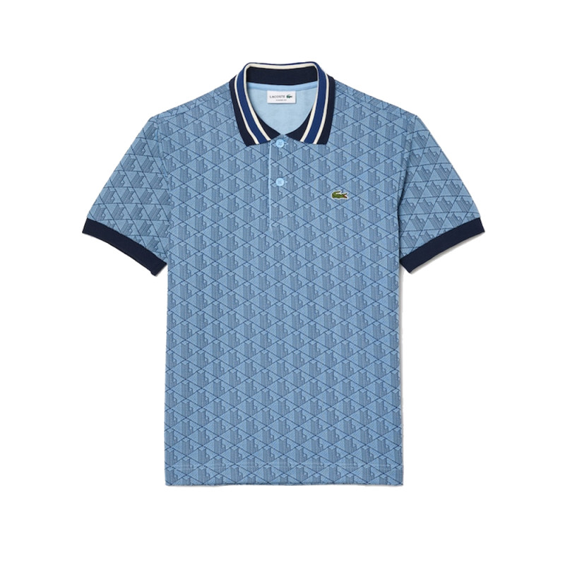 POLO LACOSTE BLEU MOTIF MONOGRAMME CLASSIC FIT A COL CONTRASTÉ