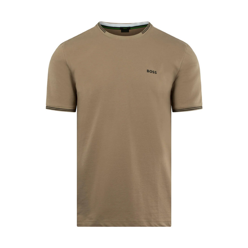 T-SHIRT EN COTON STRETCH TAUPE À RAYURES ET LOGO BOSS TAUL