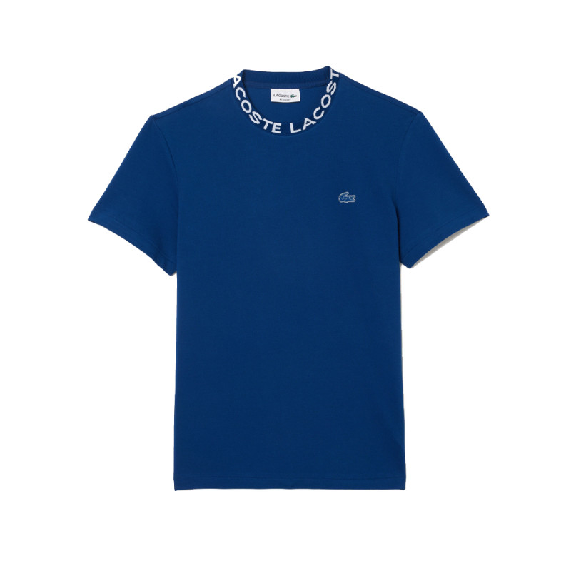 T-SHIRT LACOSTE BLEU EN PIQUÉ ULTRA LÉGER À COL JACQUARD SIGLÉ