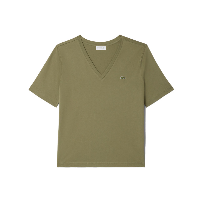 T-SHIRT RELAXED FIT VERT KAKI EN JERSEY DE COTON DOUX COL V