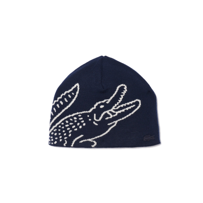 BONNET EN LAINE JACQUARD AVEC CROCODILE LACOSTE BLEU MARINE