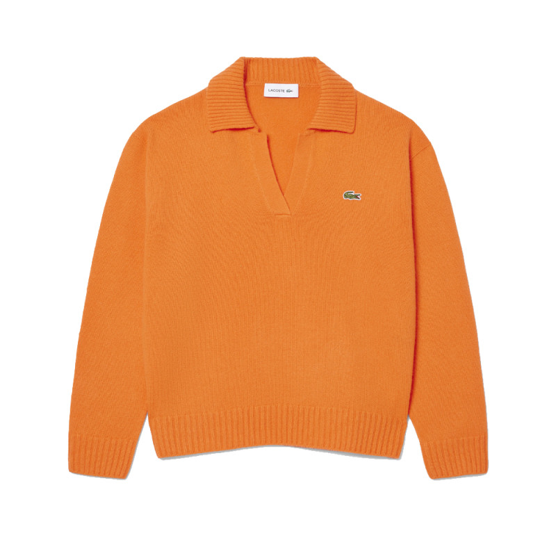 PULL LACOSTE ORANGE COL POLO CACHEMIRE MAILLE 3D FEMME