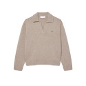 PULL LACOSTE BEIGE COL POLO CACHEMIRE MAILLE 3D FEMME