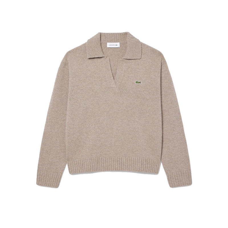 PULL LACOSTE BEIGE COL POLO CACHEMIRE MAILLE 3D FEMME