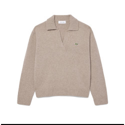 PULL LACOSTE BEIGE COL POLO CACHEMIRE MAILLE 3D FEMME