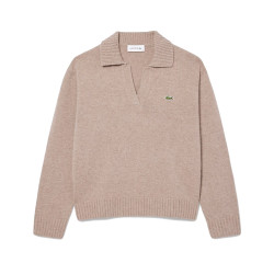 PULL LACOSTE BEIGE COL POLO CACHEMIRE MAILLE 3D FEMME