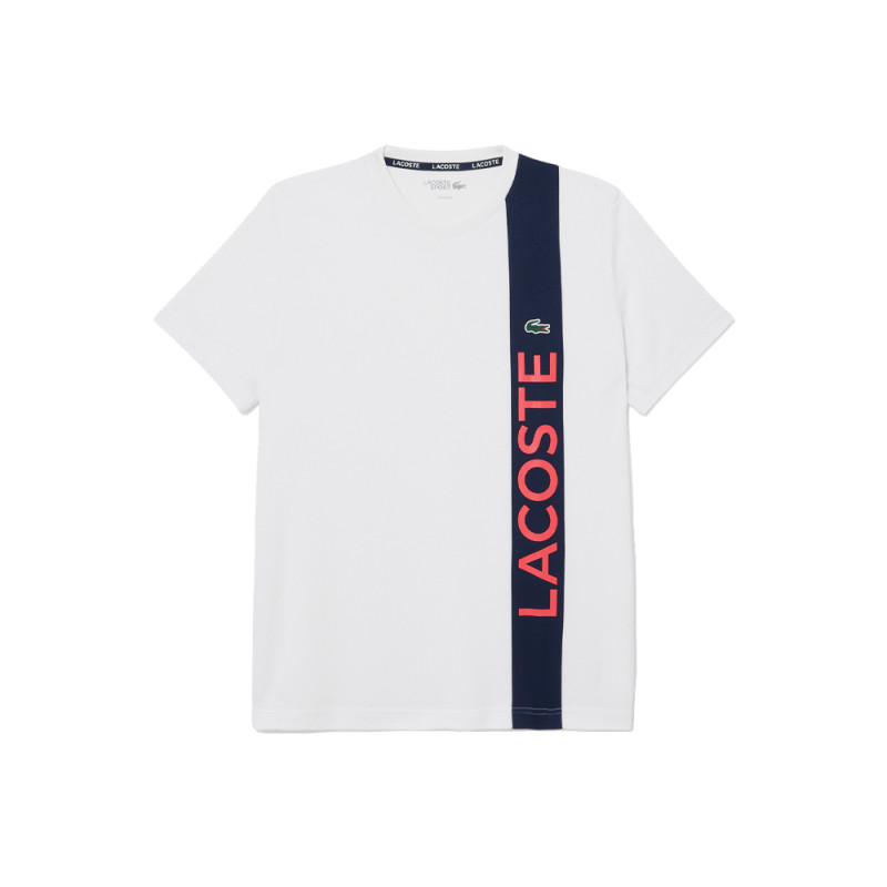 T-SHIRT LACOSTE SPORT BLANC ET BLEU MARINE ULTRA DRY MARQUAGE IMPRIMÉ