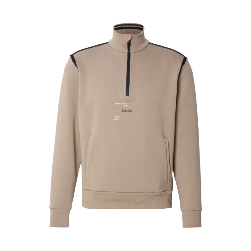 SWEAT À COL ZIPPÉ EN COTON MÉLANGÉ TAUPE ORNÉ D'UN LOGO ET MOTIF DE LA SAISON BOSS SWEAT TAPE