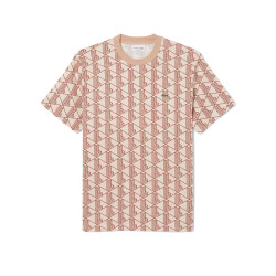 T-SHIRT LACOSTE EN COTON MONOGRAMME BEIGE ET MARRON